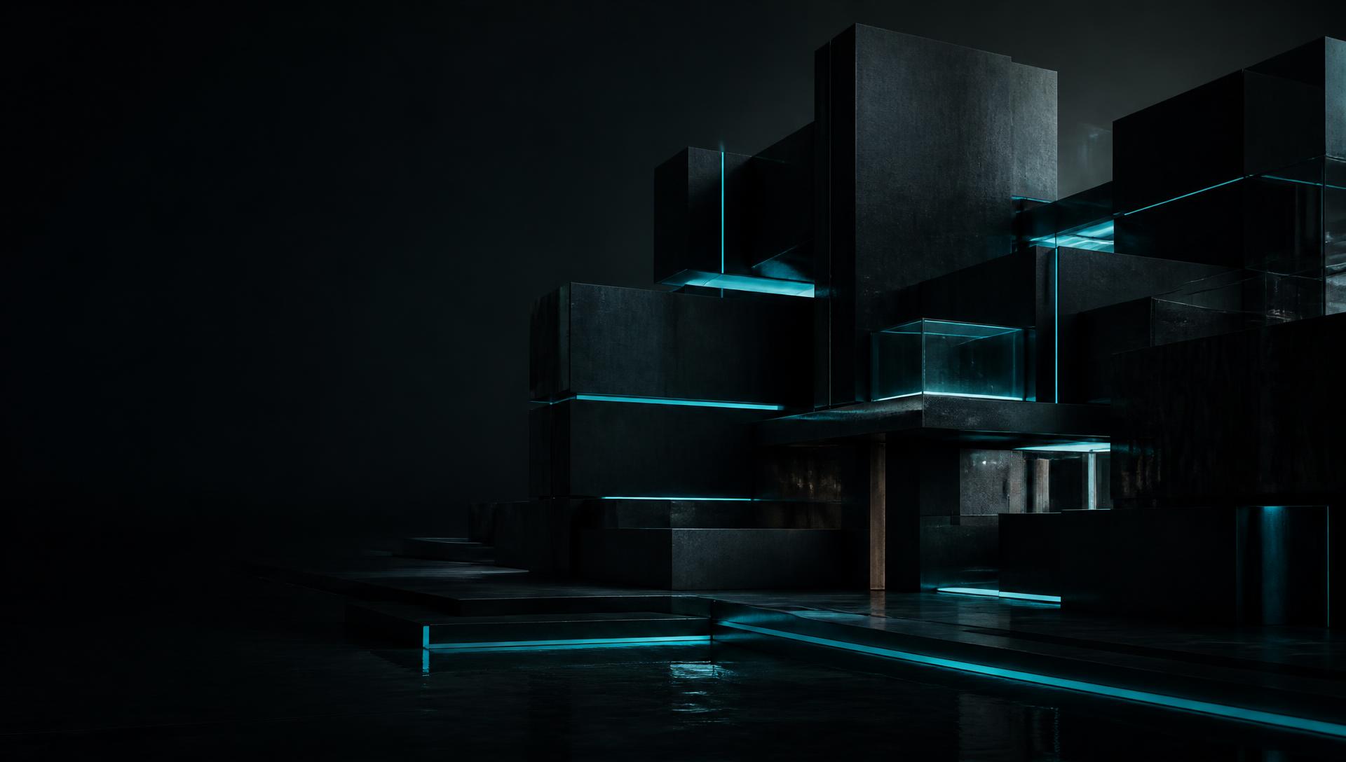 Monolithic charcoal modules emerging from darkness, joined by restrained cyan structural seams