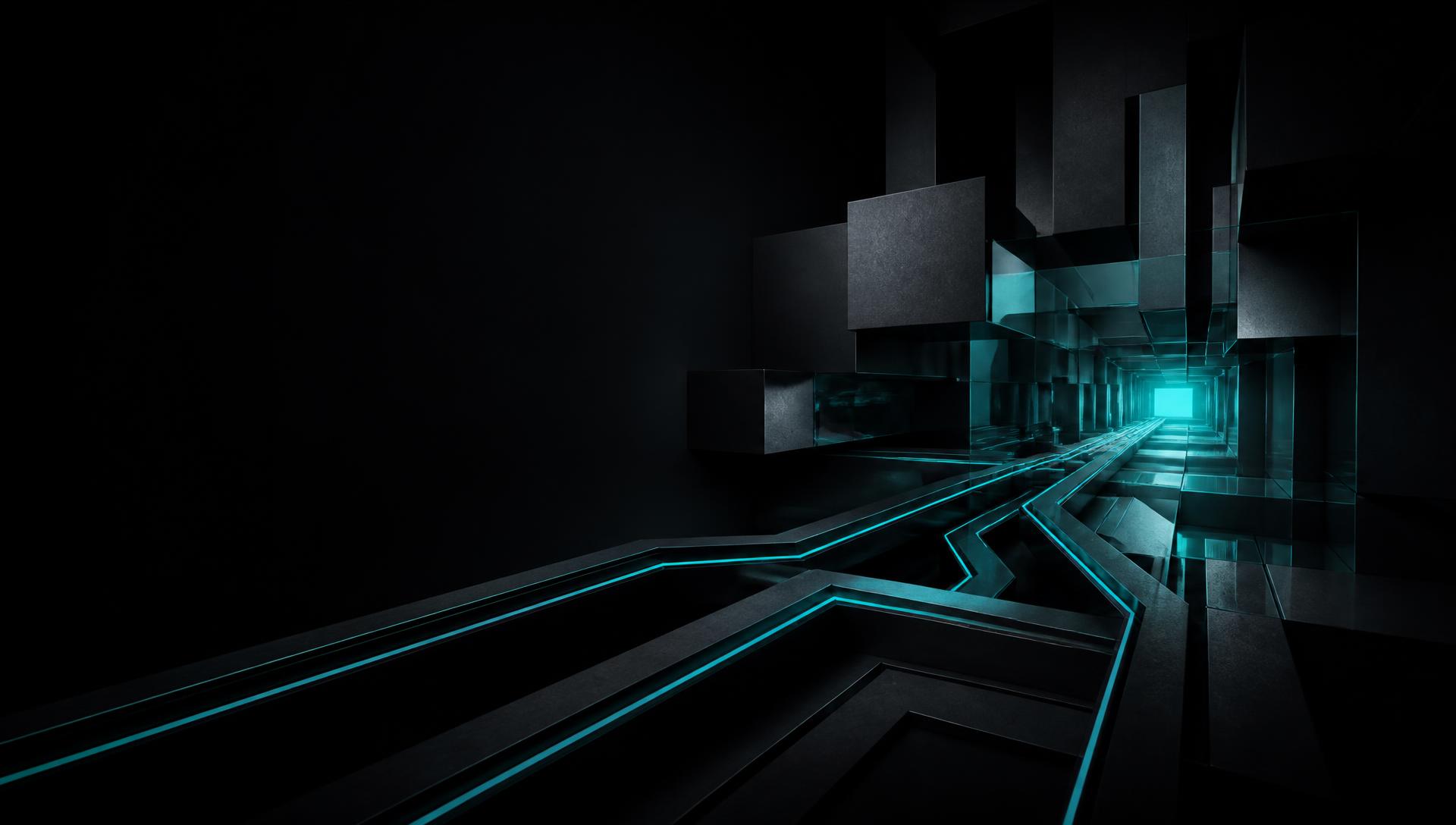 Dark cubic infrastructure with cyan signal routes converging into one illuminated destination
