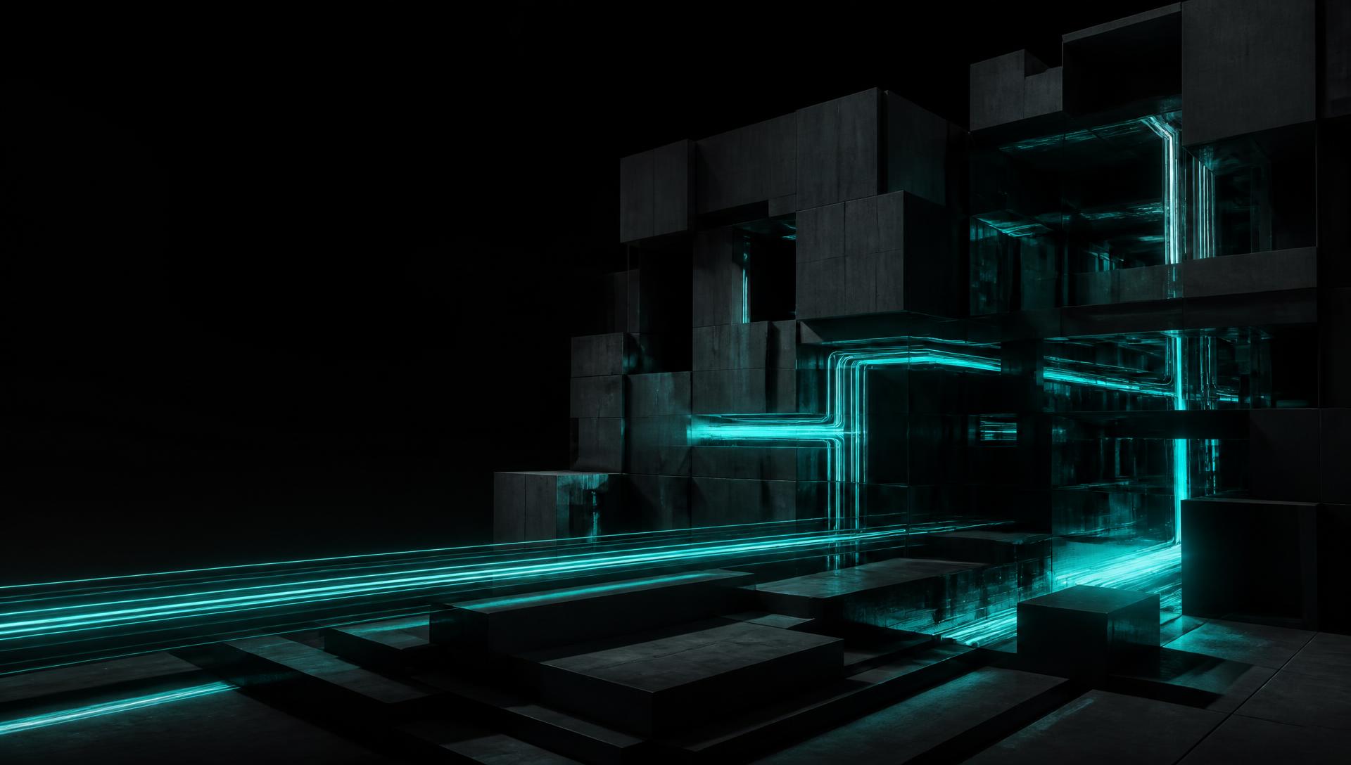 Charcoal cubic knowledge architecture with cyan signal streams routed into ordered channels