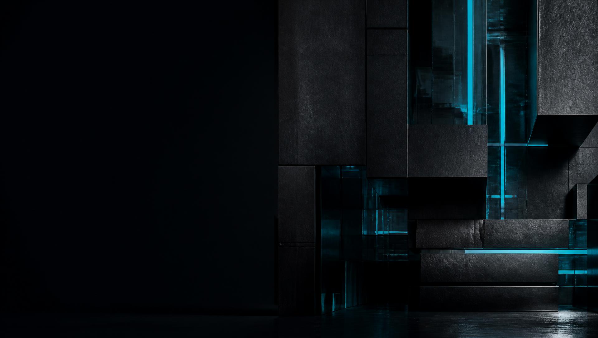 Abstract dark architectural environment of charcoal cubic forms with electric cyan signal pathways running beneath a translucent surface plane